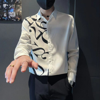@韓版休閑痞帥長袖印花修身帥氣襯衫