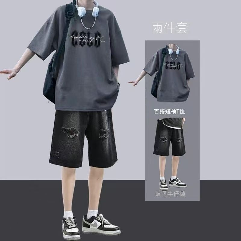 【單件/套裝】酷帥休閒短袖t恤牛仔短褲兩件套