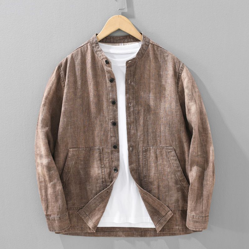 日系復古休閒寬鬆立領時尚漸變色苧麻外套