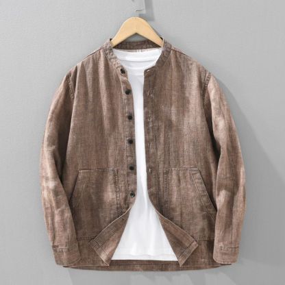 日系復古休閒寬鬆立領時尚漸變色苧麻外套