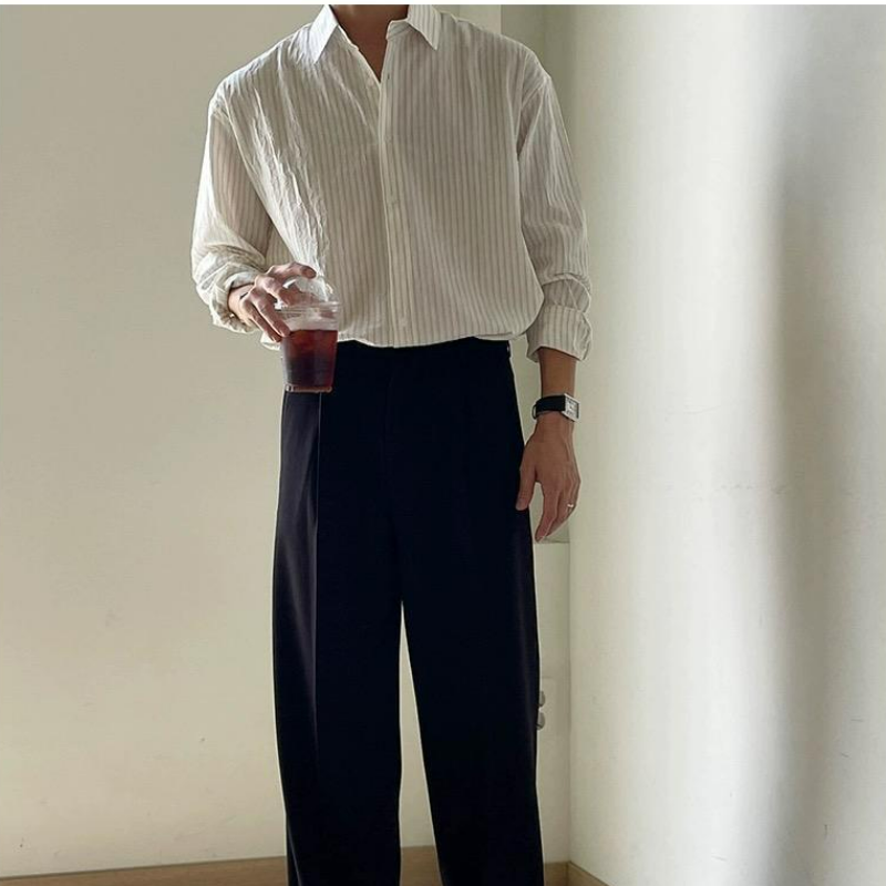 【單件/套裝】高級感小眾痞帥條紋休閑襯衫+百搭西褲兩件套裝
