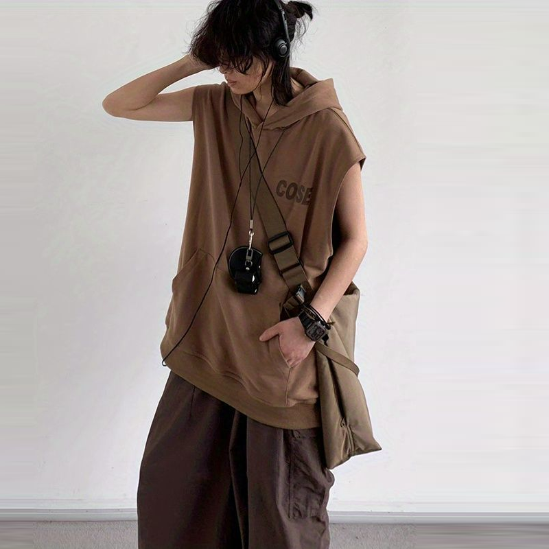 【單件/套裝】日系復古寬松運動連帽背心+咖色工裝褲兩件套