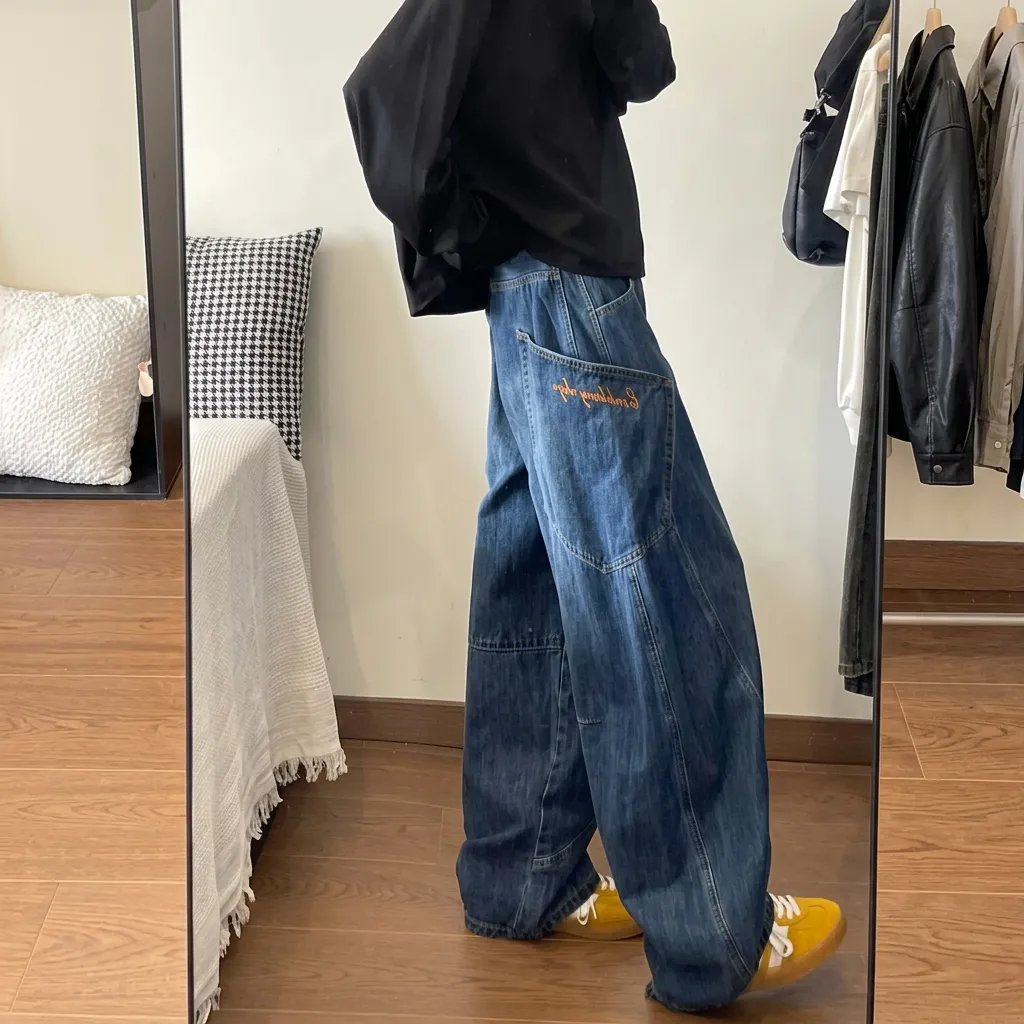 拼接美式高街痞帥寬鬆闊腿牛仔褲