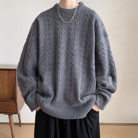 麻花毛衣圓領寬鬆復古港風潮流休閒針織衫