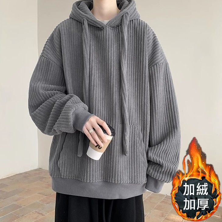 抽繩燈芯絨連帽加絨加厚潮牌衛衣