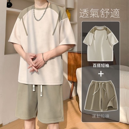 套裝男士夏季薄款休閒整套搭配青少年寬鬆短袖透氣t恤五分短褲男