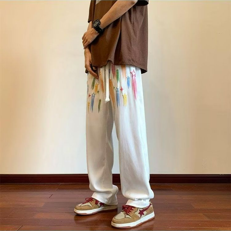 塗鴉星星美式復古休閒垂感痞帥直筒運動褲