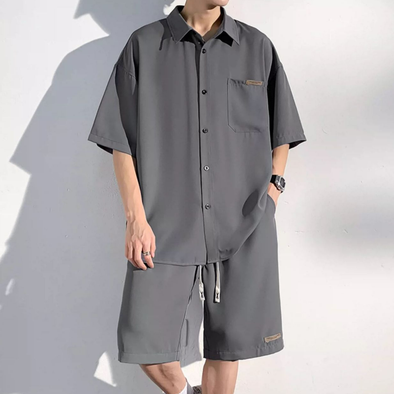 【整套】時尚痞帥寬松冰絲短袖襯衫+運動休閑短褲兩件套