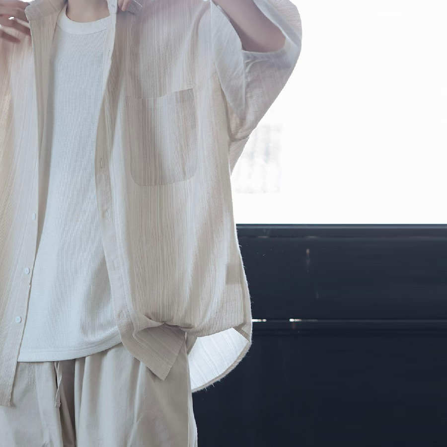 慵懶風輕薄飄逸氧氣感短袖襯衫男女日系廓形寬鬆肌理感夏季襯衣潮