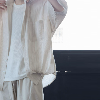 慵懶風輕薄飄逸氧氣感短袖襯衫男女日系廓形寬鬆肌理感夏季襯衣潮