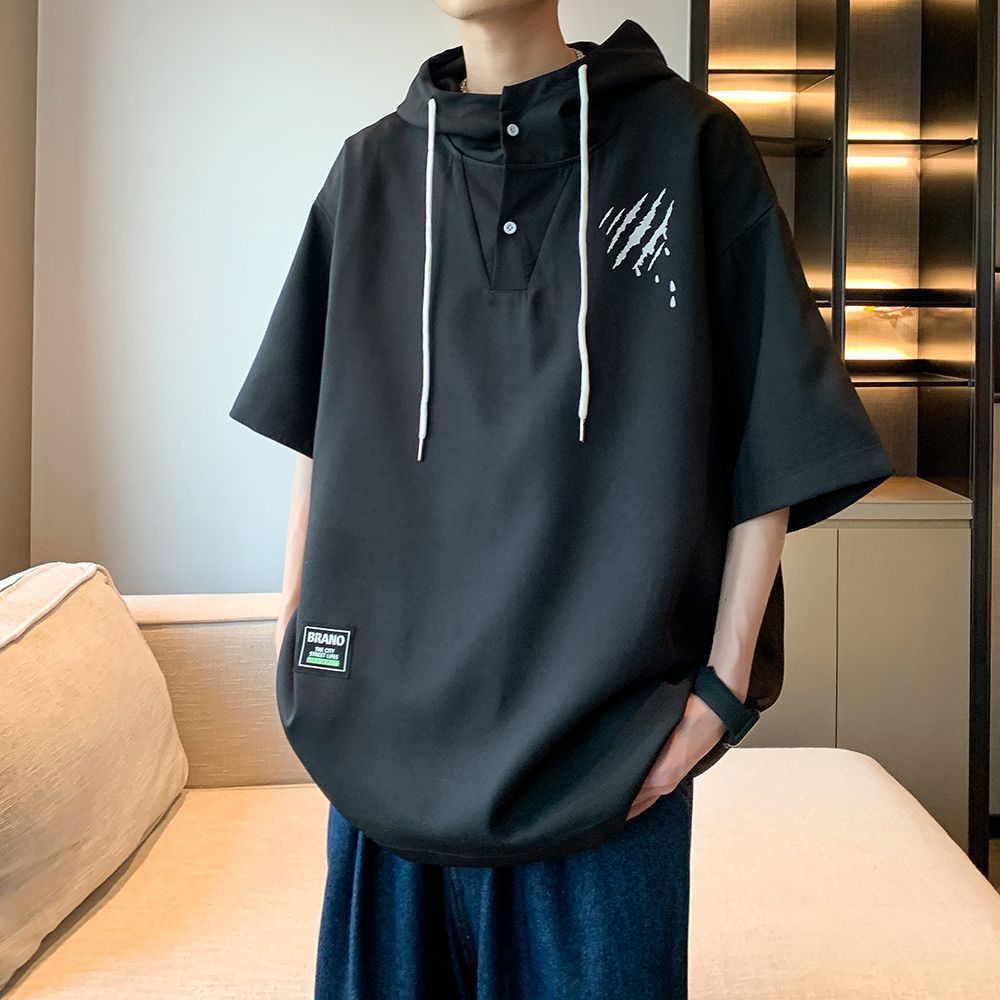 @美式復古港風休閒洋氣寬鬆套頭連帽T恤