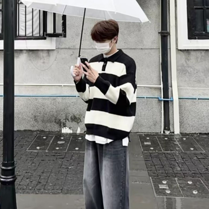 POLO衫翻領條紋寬鬆慵懶風針織衫毛衣