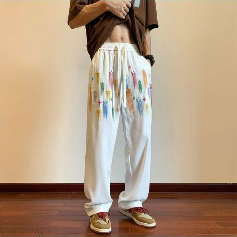 塗鴉星星美式復古休閒垂感痞帥直筒運動褲