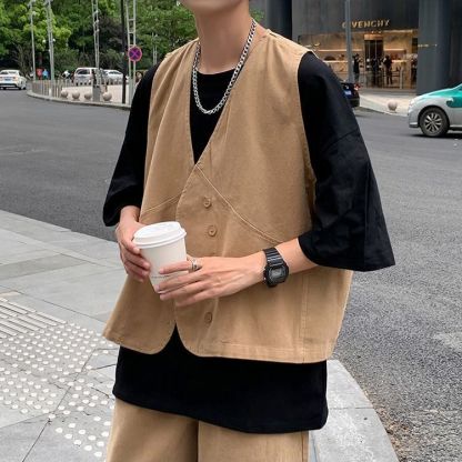 【單件/套裝】日系痞帥潮流高級工裝馬甲+百搭T恤+休閑闊腿褲三件套