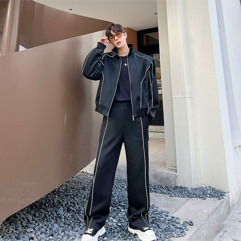 【整套】高級感痞帥寬鬆設計感開衫夾克+休閒運動闊腿褲兩件套