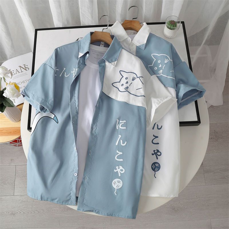 貓咪ins潮流日系印花短袖襯衫
