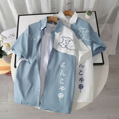 貓咪ins潮流日系印花短袖襯衫