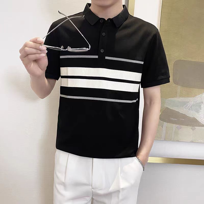 Polo領潮流修身條紋拼接時尚短袖T恤