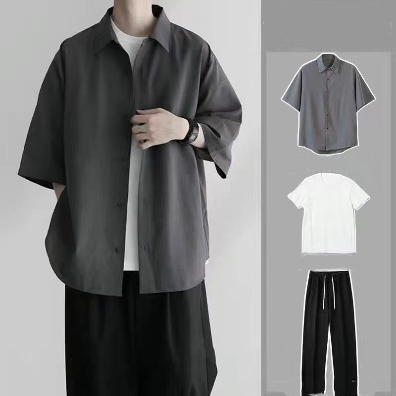 【單件/套裝】韓版寬鬆五分短袖冰絲九分褲三件套裝