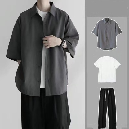 【單件/套裝】韓版寬鬆五分短袖冰絲九分褲三件套裝