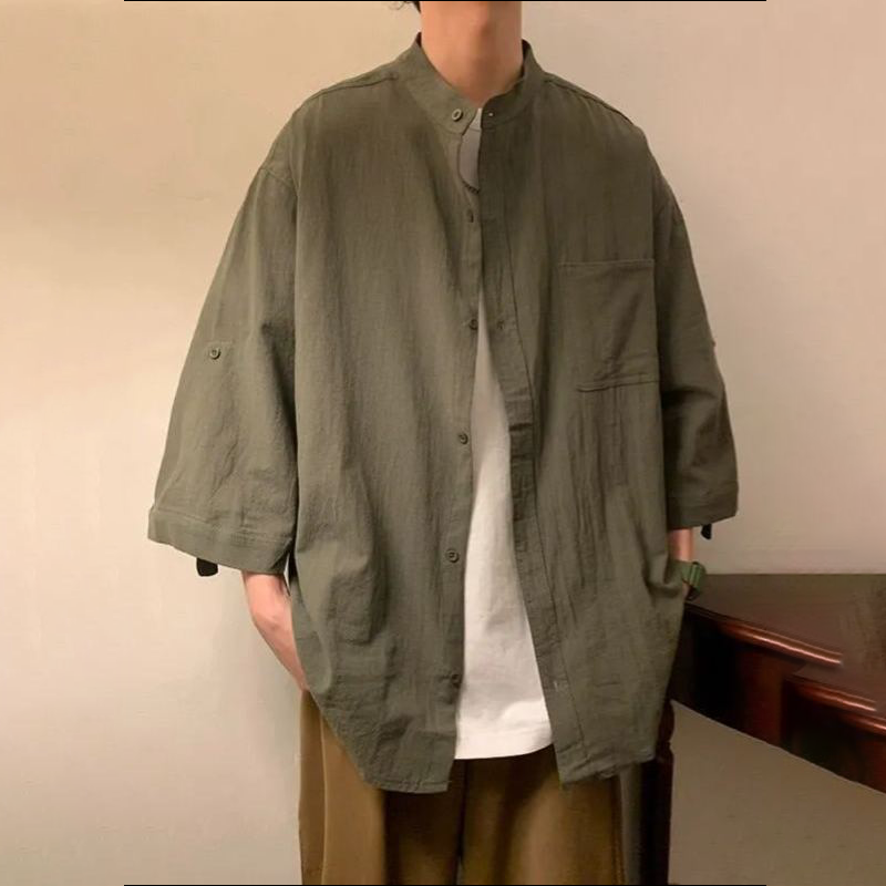 棉麻新中式國風七分袖無領短袖襯衫