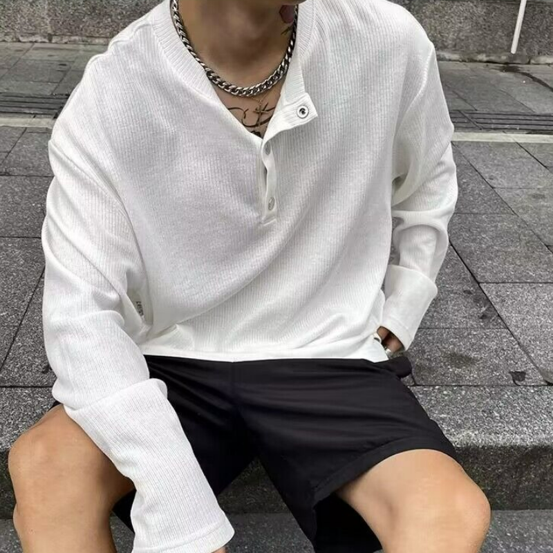 寬鬆休閒美式復古純色打底衫紐扣套頭長袖t恤