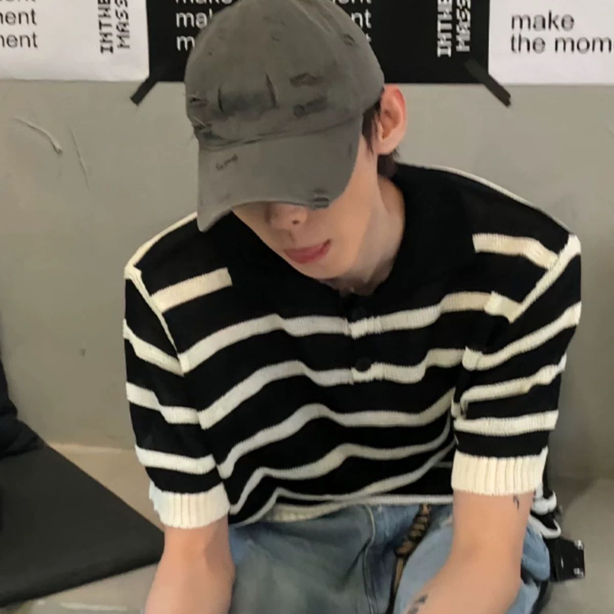 黑白條紋鏤空冰絲針織衫美式翻領polo衫短袖t恤