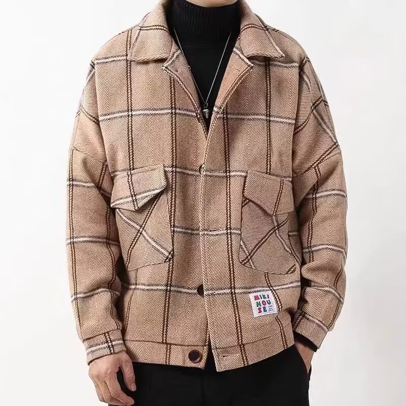 寬鬆時尚格子拼色毛呢大衣短款潮流帥氣外套