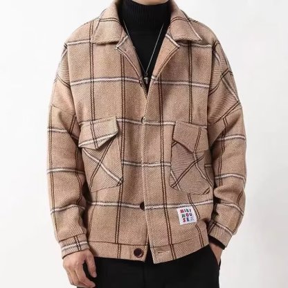 寬鬆時尚格子拼色毛呢大衣短款潮流帥氣外套