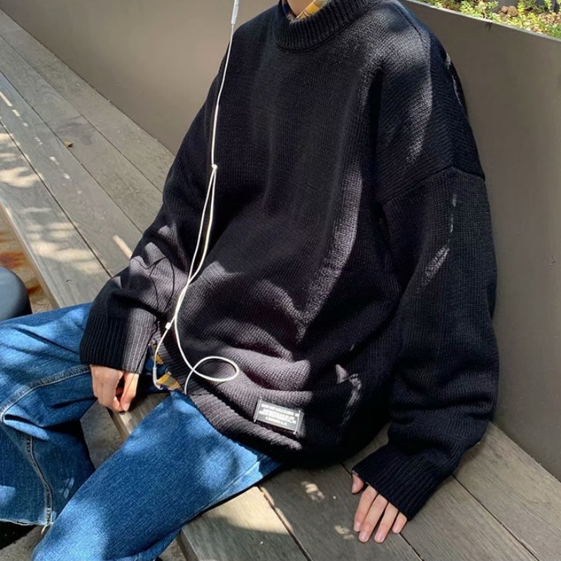 韓版寬鬆休閑長袖潮流圓領針織毛衣