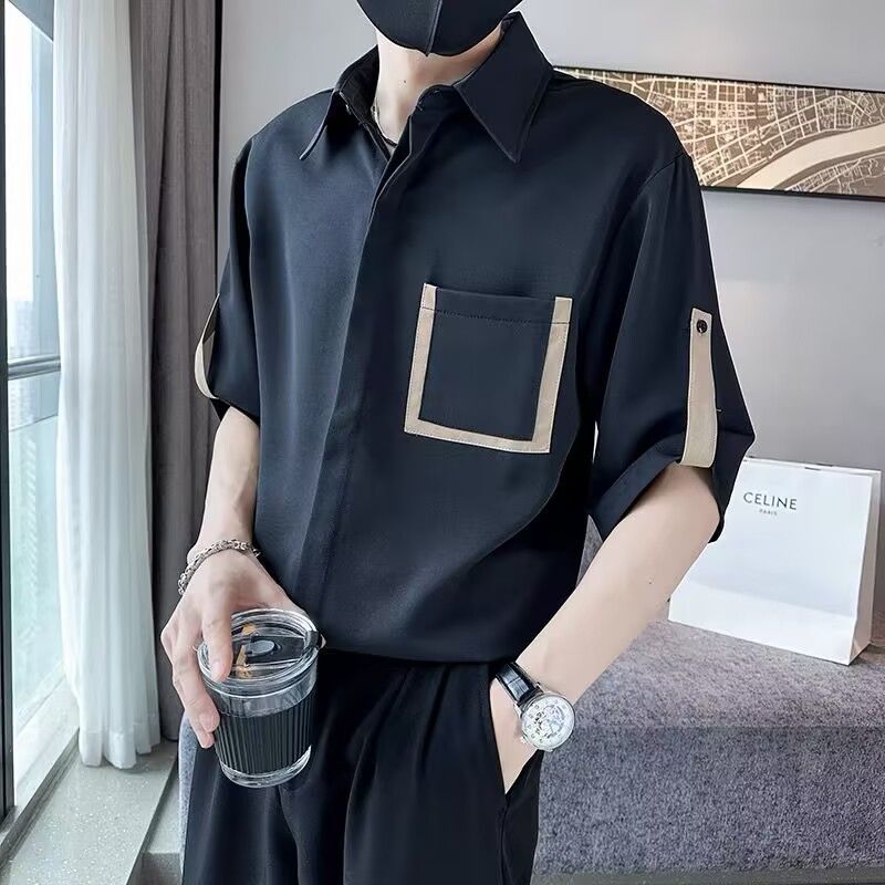 高級感時尚潮流痞帥拼接撞色短袖襯衫