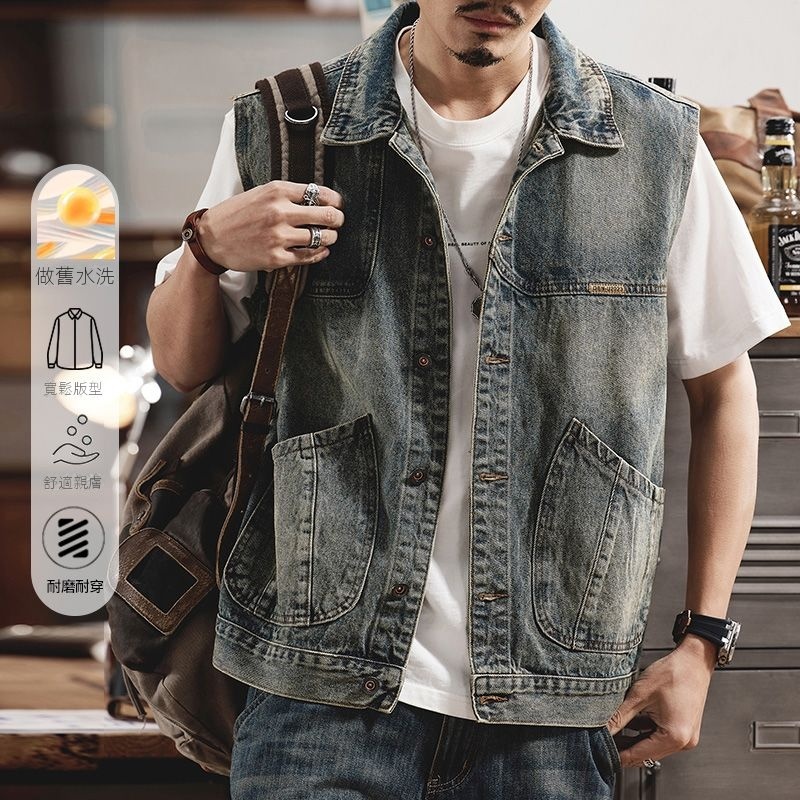 美式復古懷舊寬鬆潮流工裝大口袋牛仔馬甲