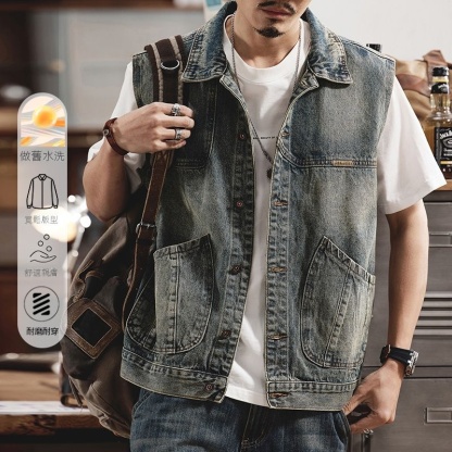 美式復古懷舊寬鬆潮流工裝大口袋牛仔馬甲