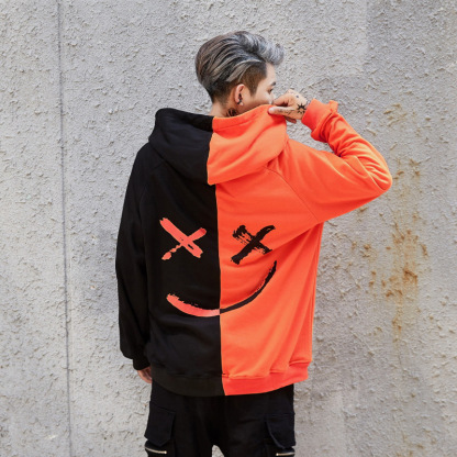 時尚拼色笑臉長袖運動連帽衛衣