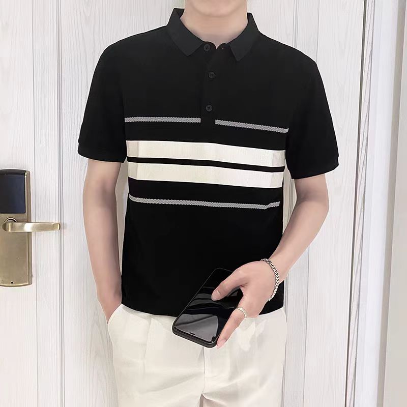 Polo領潮流修身條紋拼接時尚短袖T恤