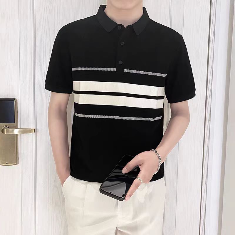 Polo領潮流修身條紋拼接時尚短袖T恤