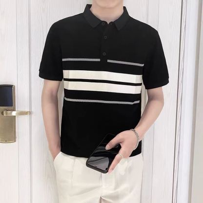 Polo領潮流修身條紋拼接時尚短袖T恤