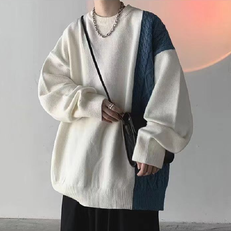 撞色拼接ins潮流慵懶圓領針織衫