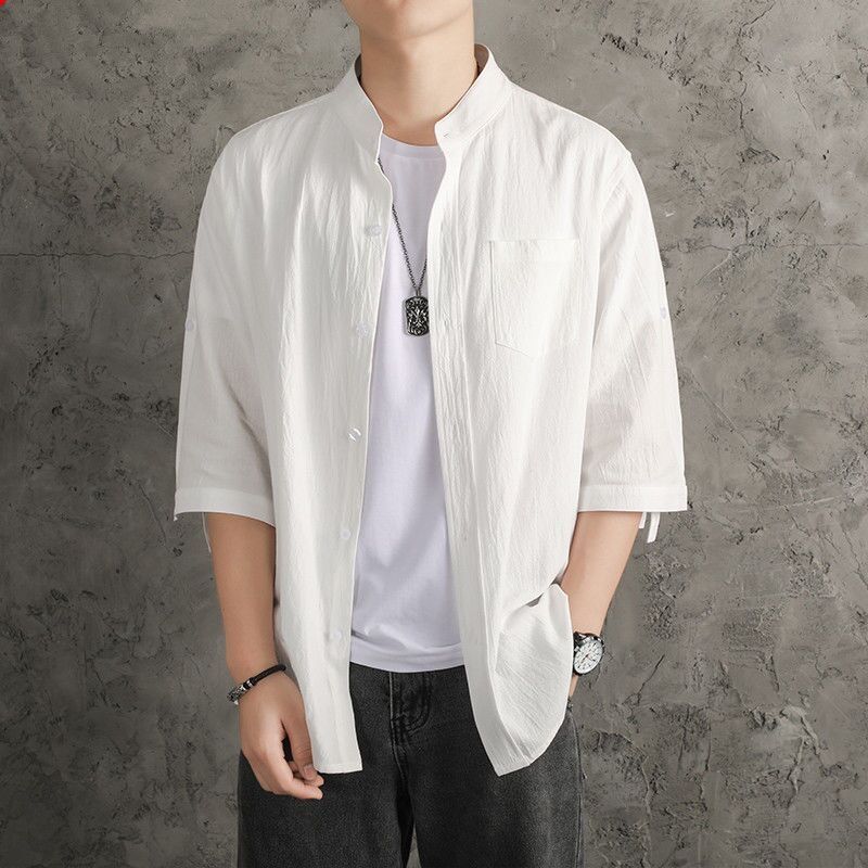 亞麻純色寬鬆國風棉麻休閒七分袖襯衣