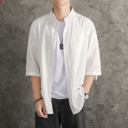 亞麻純色寬鬆國風棉麻休閒七分袖襯衣