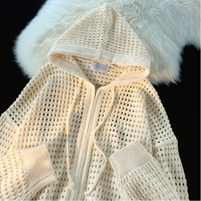 設計感高級鏤空連帽開衫防曬衣男女春夏寬鬆針織衫ins慵懶風外套