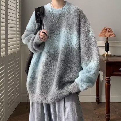 【單件/套裝】Oversize美式復古加厚撞色慵懶風針織毛衣+休閑牛仔褲兩件套