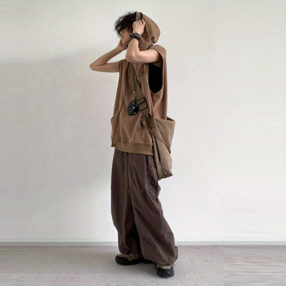 【單件/套裝】日系復古寬松運動連帽背心+咖色工裝褲兩件套