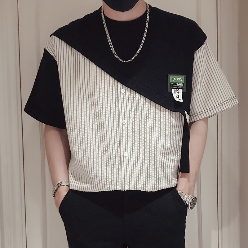 休閒潮流拼接薄款假兩件短袖t恤