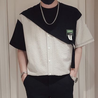 休閒潮流拼接薄款假兩件短袖t恤