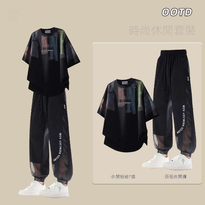 @【整套】潮流印花寬松短袖T恤+速幹休閑運動長褲兩件套