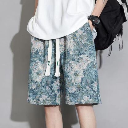 冰絲薄款滿印花寬鬆運動休閒五分短褲