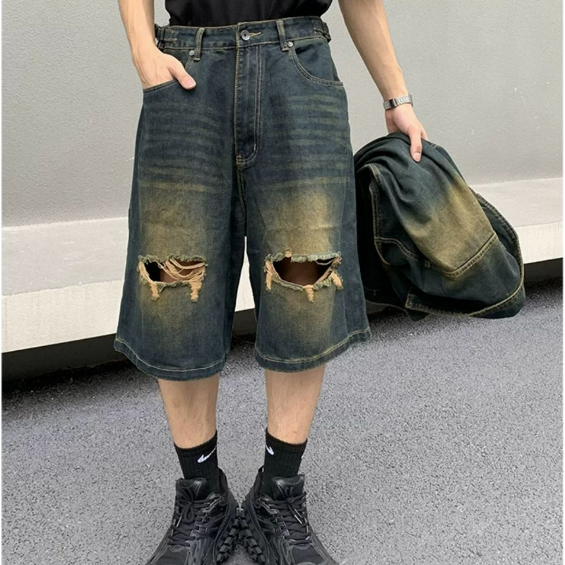 【單件】美式街頭復古水洗馬甲+破洞五分牛仔褲套裝