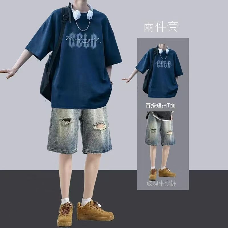 【單件/套裝】酷帥休閒短袖t恤牛仔短褲兩件套