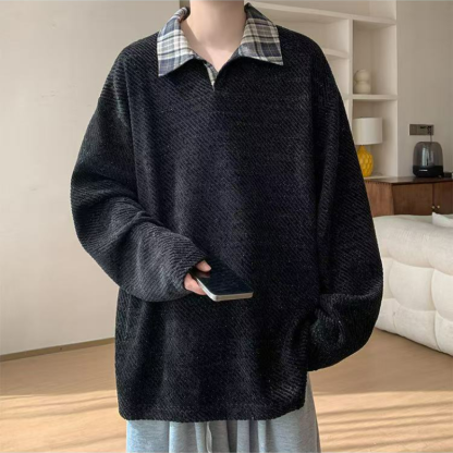 假兩件針織polo打底衫寬鬆大碼長袖t恤